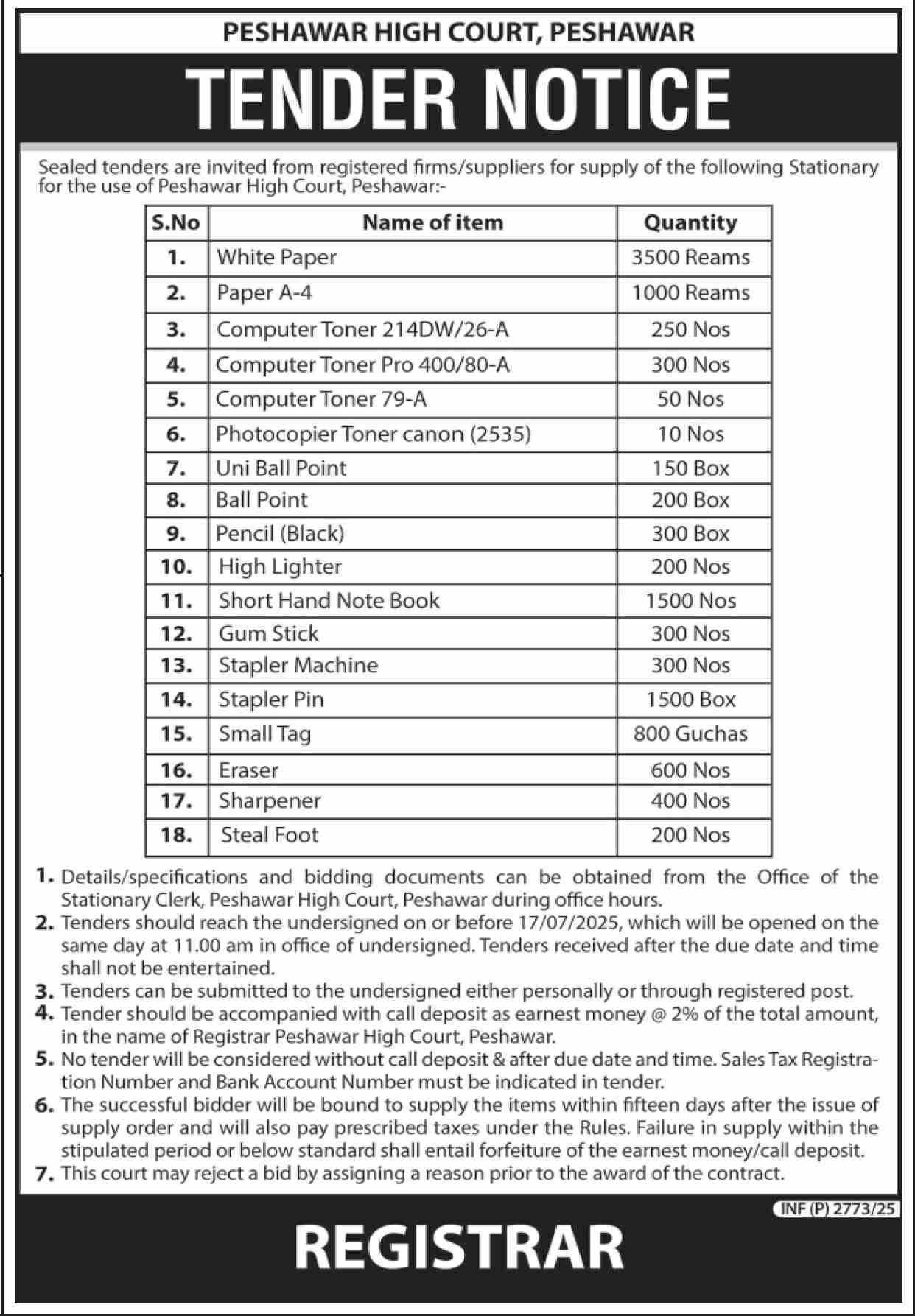 Peshawar High Court Peshawar Tender Notice